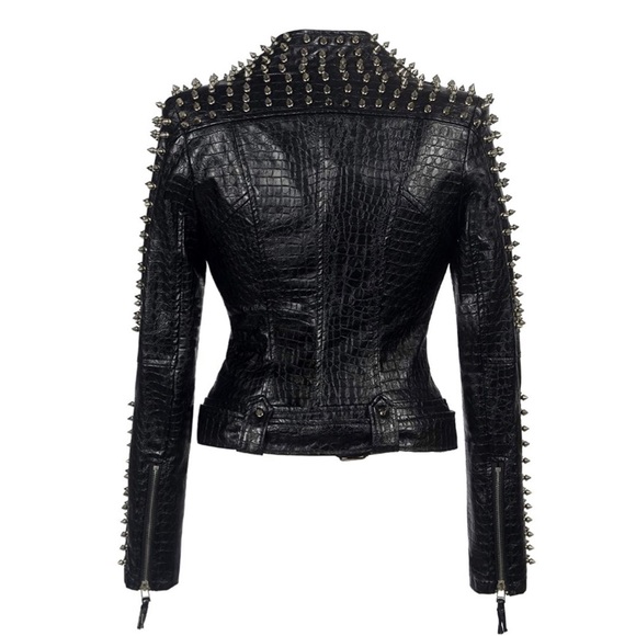 Croc Embossed Faux Leather Jacket Studded Rivet - Picture 4 of 9